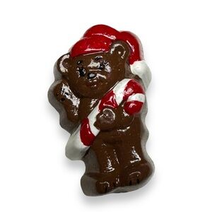 Vintage Teddy Bear Candy Cane Christmas Holiday Pin Brooch  Red Santa Hat